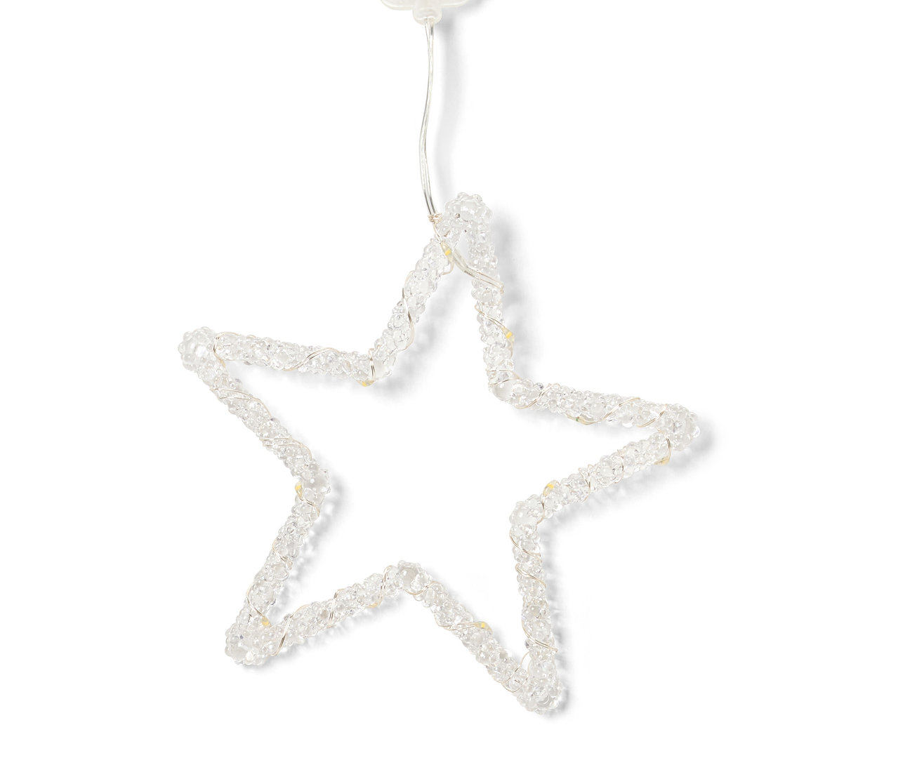 Dekoracyjna lampka w kształcie gwiazdy z przezroczystymi koralikami i białym kablem.