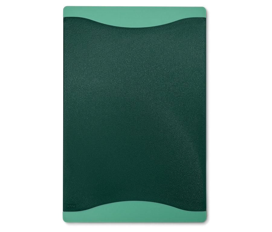 Zielona deska do krojenia z akwamarynowymi, falistymi uchwytami po obu stronach.