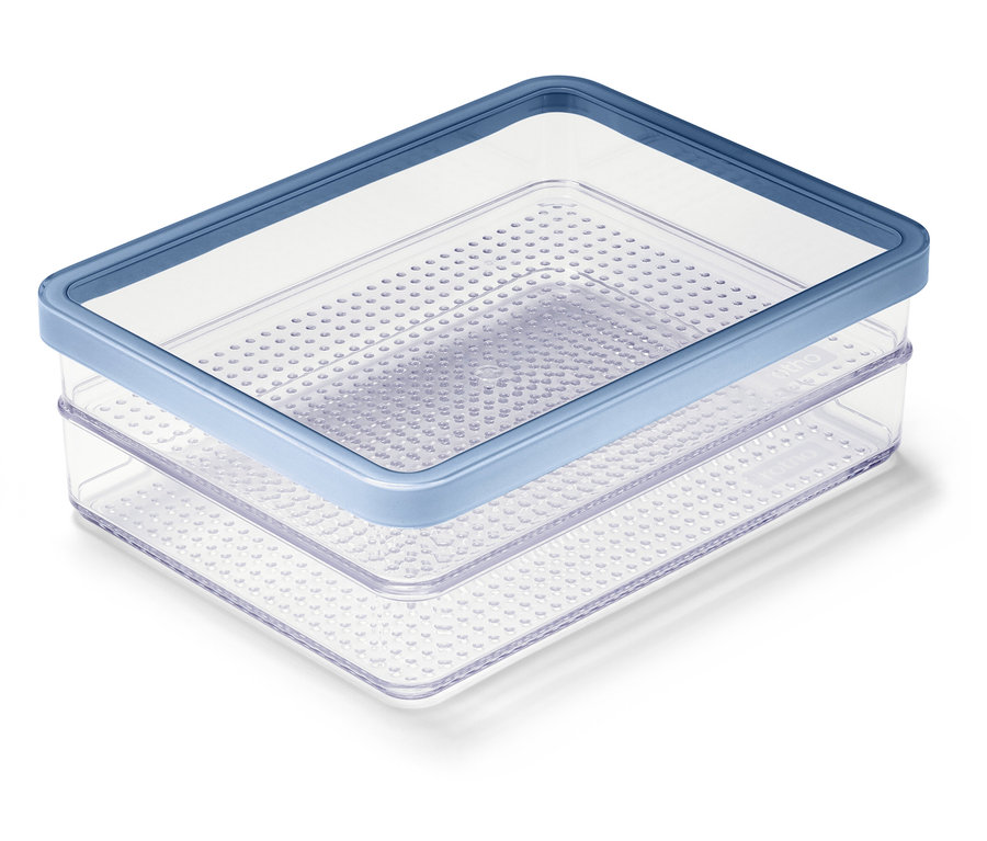 Przezroczysty pojemnik na wędliny i sery z pokrywką.