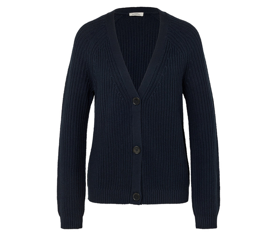 Granatowy, dzianinowy kardigan zapinany na trzy guziki.