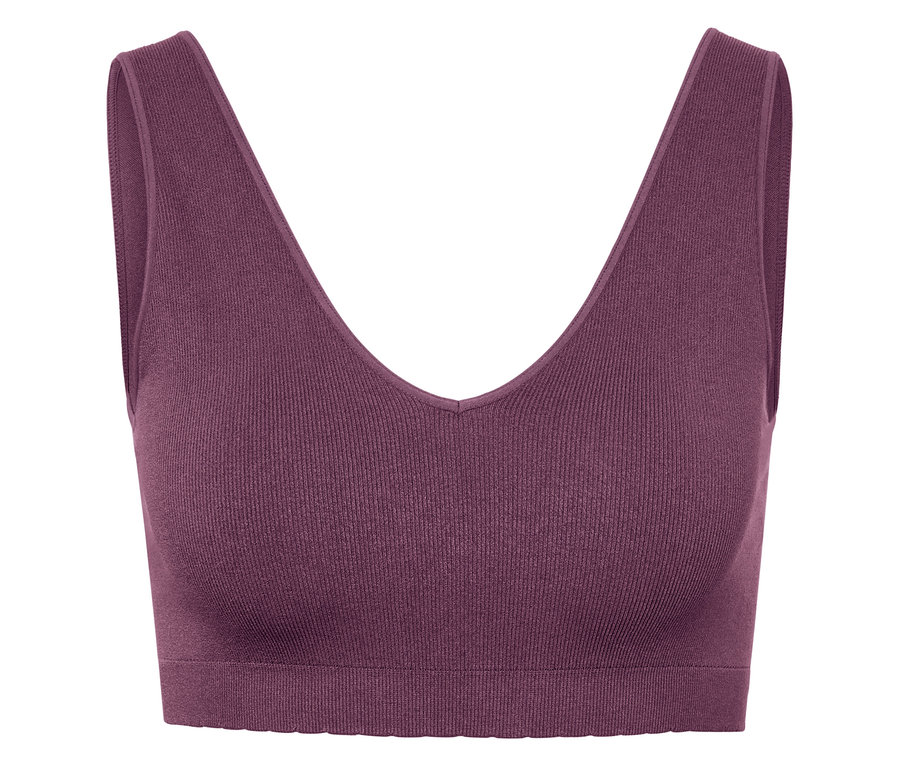 Śliwkowy biustonosz sportowy z dekoltem w kształcie litery V.