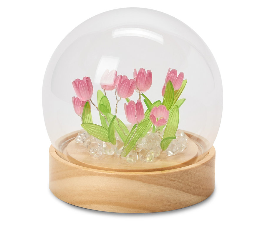 Zestaw LED DIY z różowymi tulipanami pod szklaną kopułą.