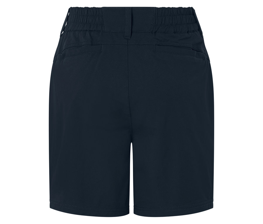 Widok z tyłu granatowych szortów funkcyjnych z softshellu.