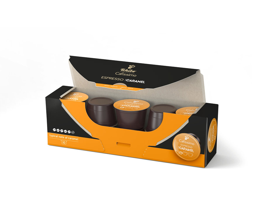 Otwarte opakowanie kapsułek Cafissimo Flavoured Edition Espresso Caramel – 10 kapsułek.