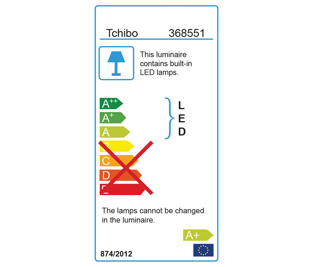Etykieta energetyczna Tchibo z klasami od A++ do F, LED i informacją o niewymienialności żarówek.
