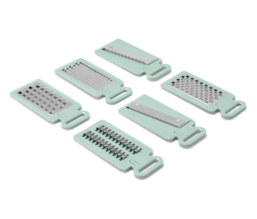 Sześć jasnozielonych tarek o różnych ostrzach, ułożonych na białym tle.