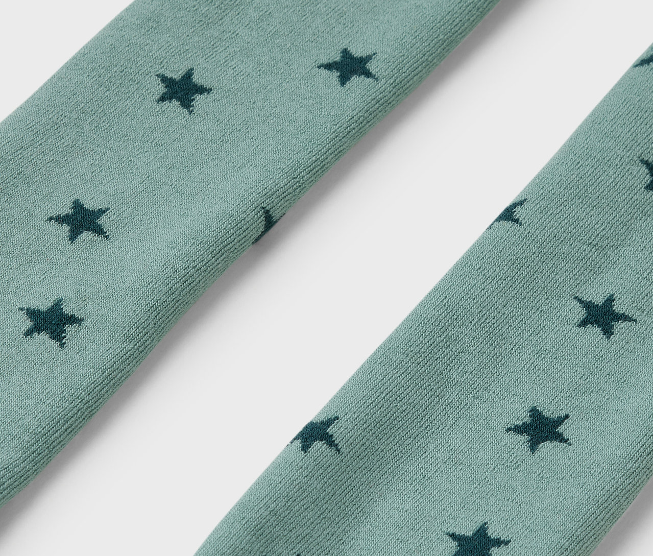 Szczegół dwóch niebiesko-zielonych dziecięcych rajstop termicznych w gwiazdy.