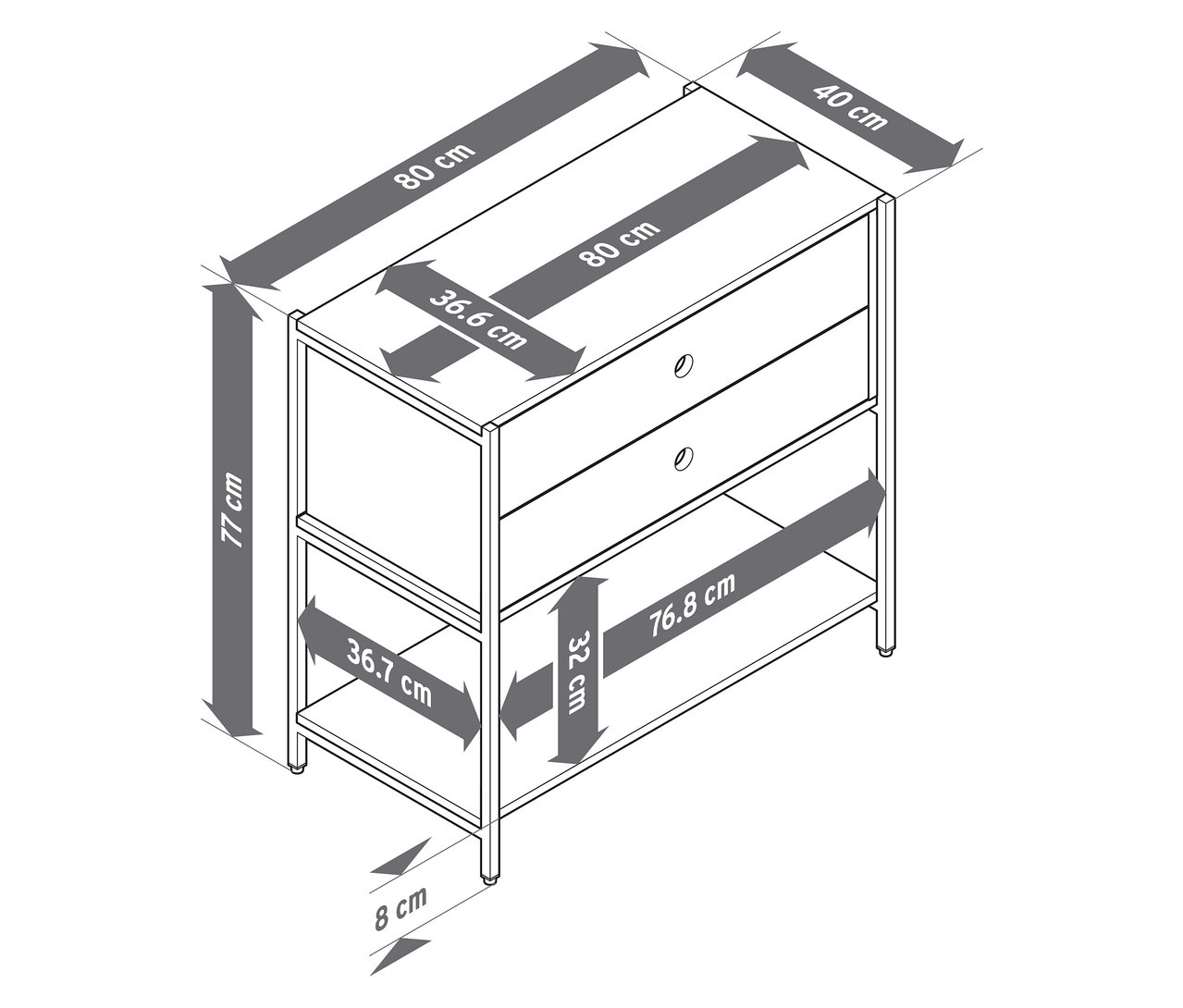 Diagram komody »KLAAR« z 2 szufladami i półką z zaznaczonymi wymiarami.