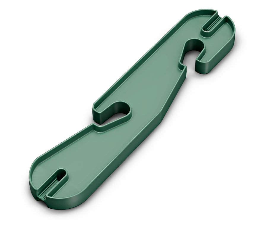Zielony plastikowy uchwyt na kabel z otworami.