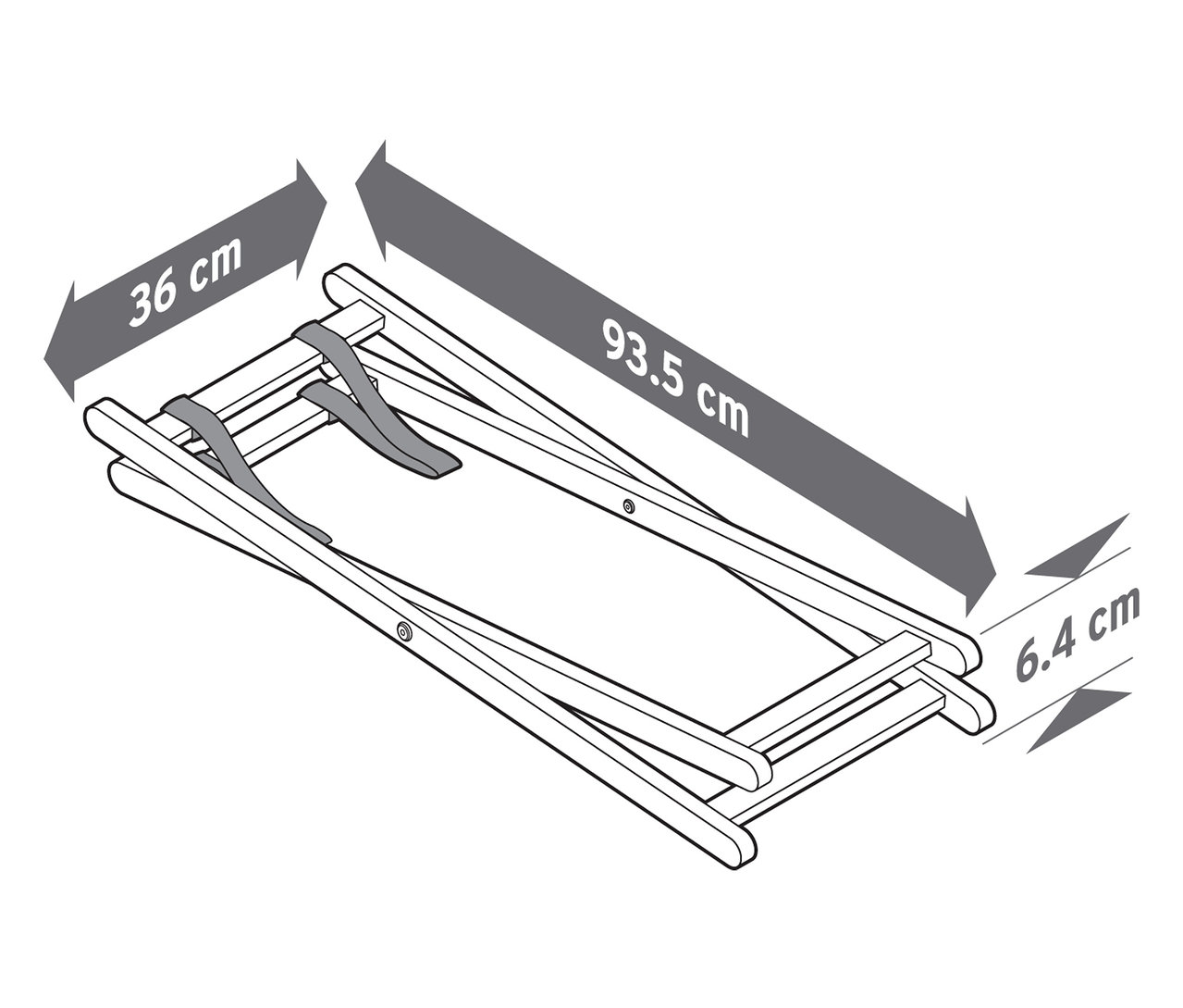 Wymiary złożonego drewnianego leżaka to 36 cm x 93,5 cm x 6,4 cm.