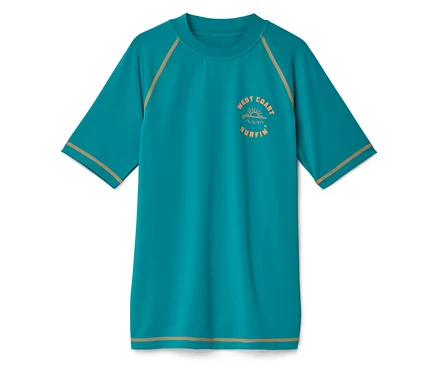 Turkusowa koszulka rashguard z krótkim rękawem, z żółtym obszyciem i napisem "West Coast Surfin"