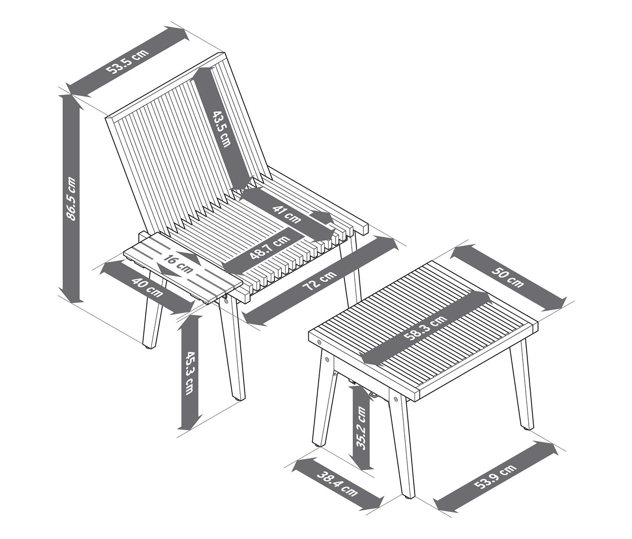 Diagram przedstawiający wymiary elastycznego krzesła i stołka.