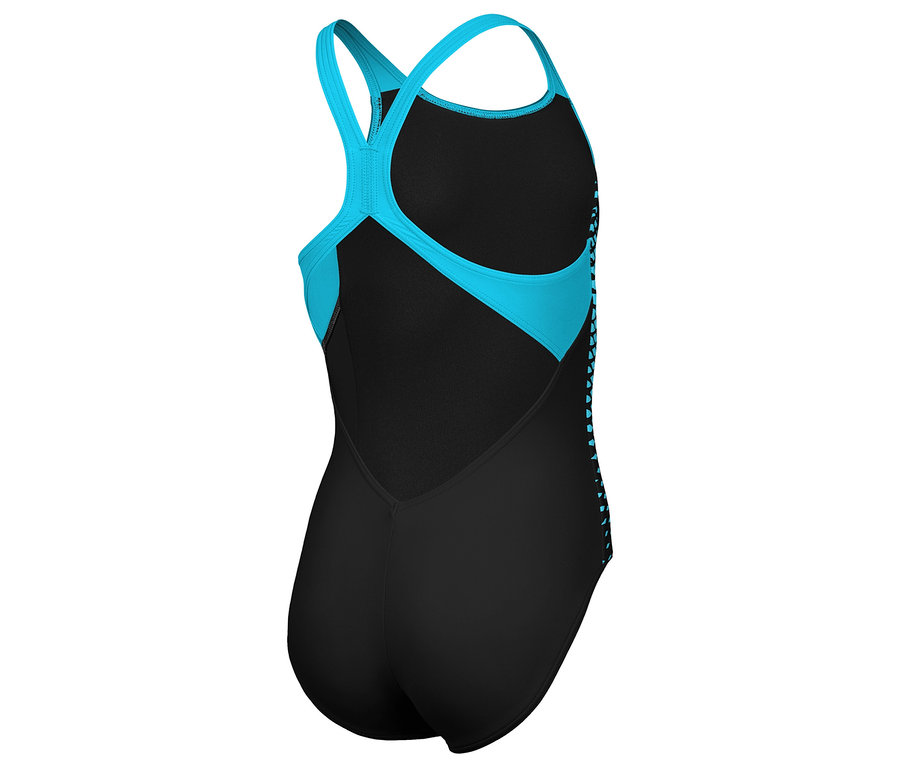 Widok z tyłu czarnego kostiumu kąpielowego z turkusowymi ramiączkami.