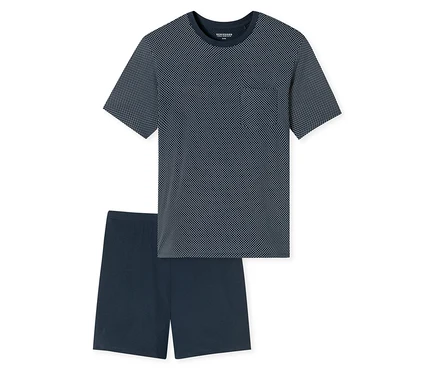 Granatowy komplet SCHIESSER Shorty-Pyjama-Set z koszulką w kropki i szortami.