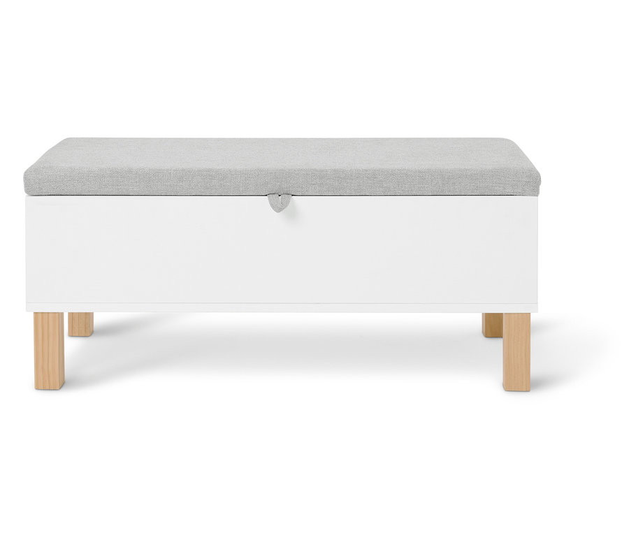 Biały taboret z szarym, tapicerowanym siedziskiem i drewnianymi nogami.