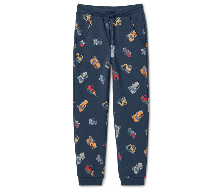 Długie granatowe spodnie dresowe z nadrukiem maszyn budowlanych.