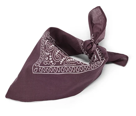 Ciemnofioletowa bandana z białym wzorem paisley, złożona w trójkąt i zawiązana w supeł.