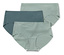 Trzy pary majtek damskich z wysokim stanem w odcieniach zieleni i błękitu ułożone jedna na drugiej.