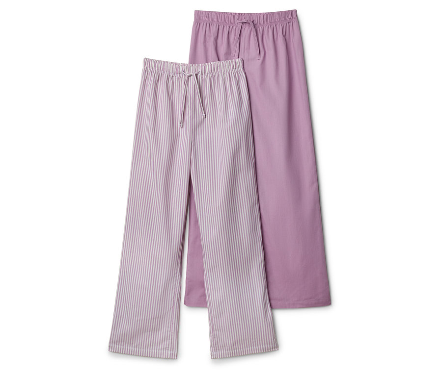 Dwie pary długich, fioletowych spodni od piżamy, jedna w paski, druga gładka.