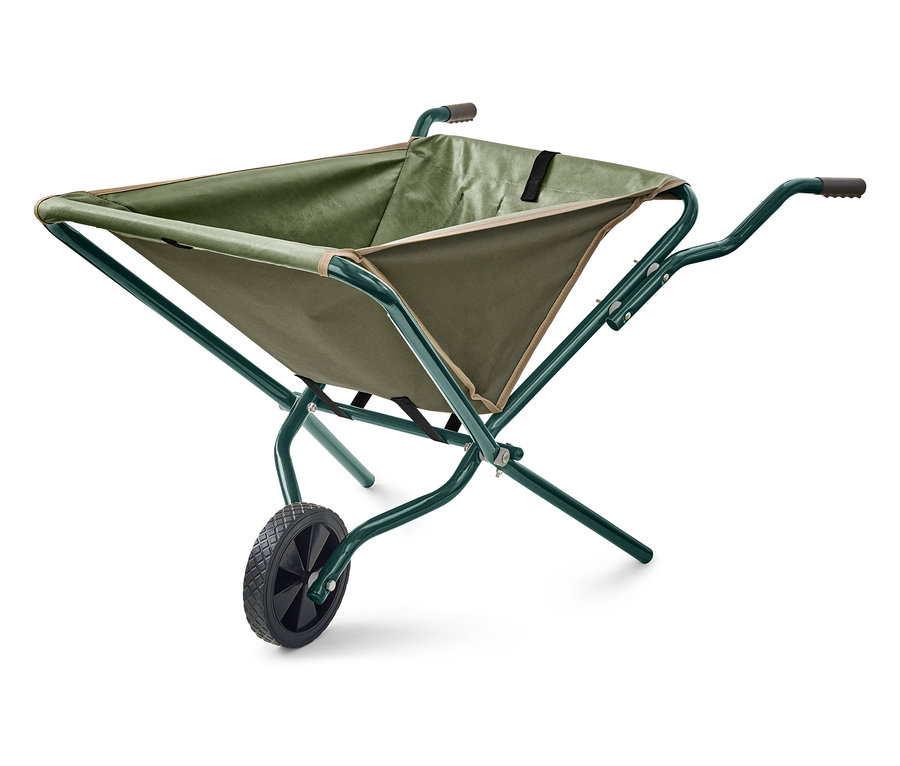Składany wózek transportowy w kolorze zielonym i oliwkowym stoi na białym tle.