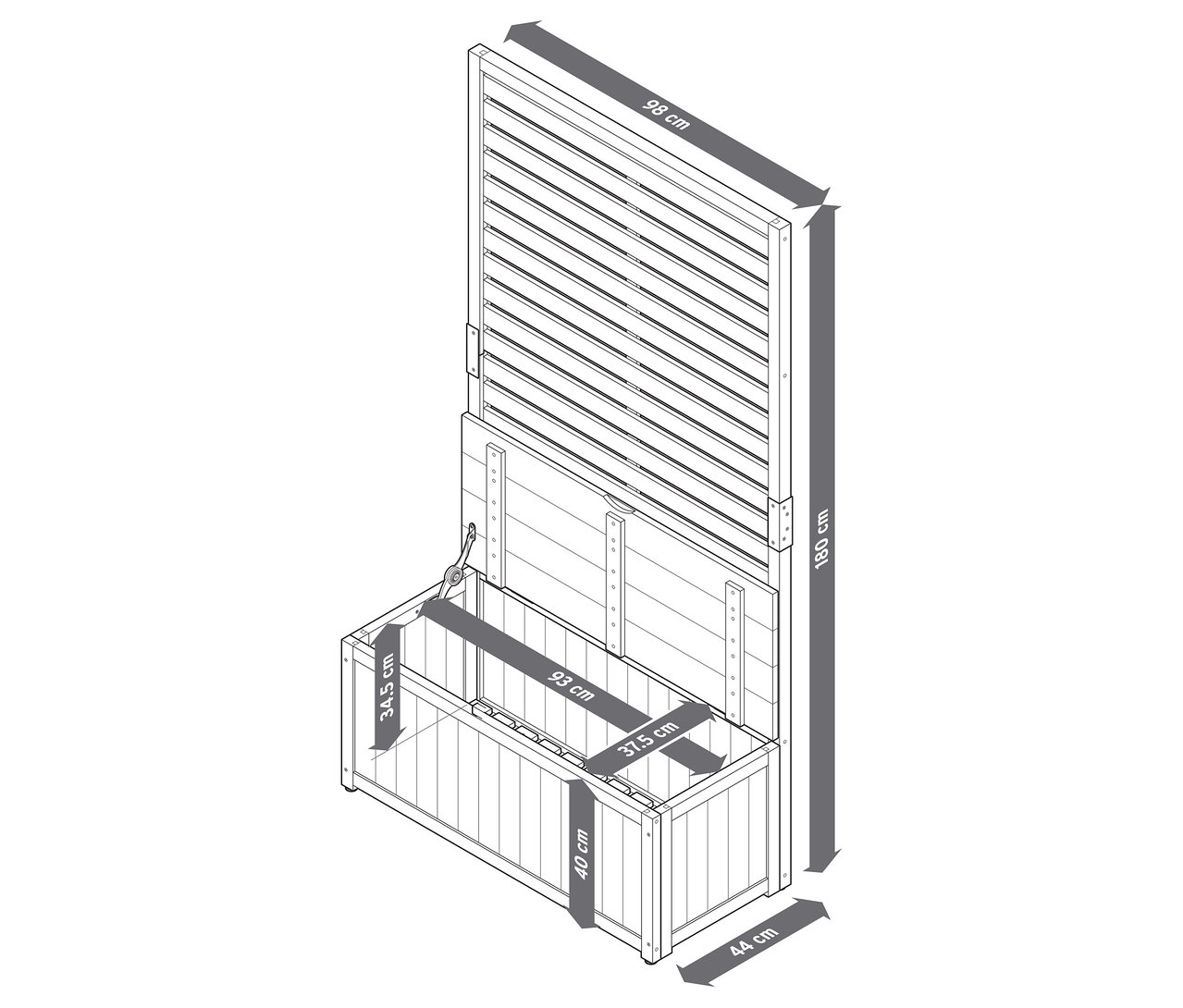 Ilustracja modułu ławki ze skrzynią i parawanem 2 w 1 z wymiarami.