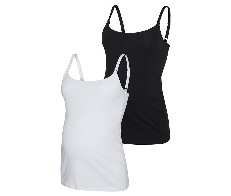 Dwa topy ciążowe MAMALICIOUS MLKERRIE STRAP JRS TOP 2F 2-P NOOS, jeden biały i jeden czarny, ułożone jeden na drugim.