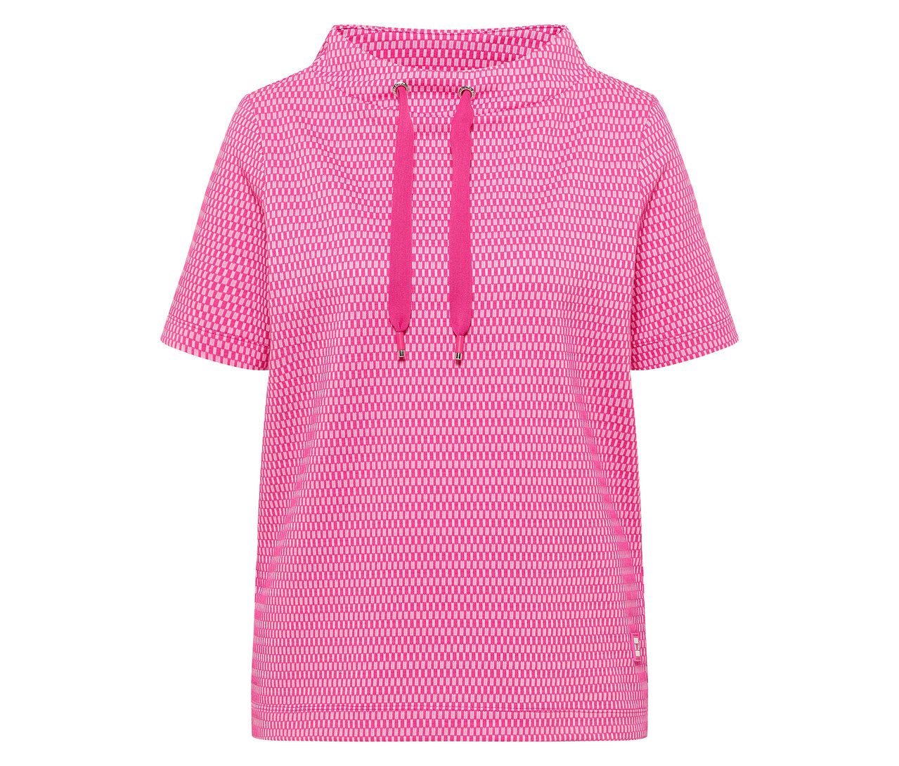 Zbliżenie na różową koszulkę CECIL z krótkimi rękawami i kapturem ze sznurkiem.