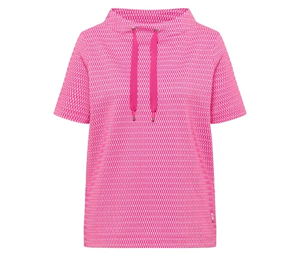 Bluza CECIL, różowa z geometrycznym wzorem, krótkimi rękawami i wysokim kołnierzem ze sznurkiem.