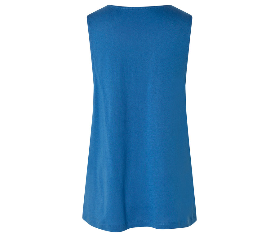 Niebieski top bez rękawów, widok z tyłu.