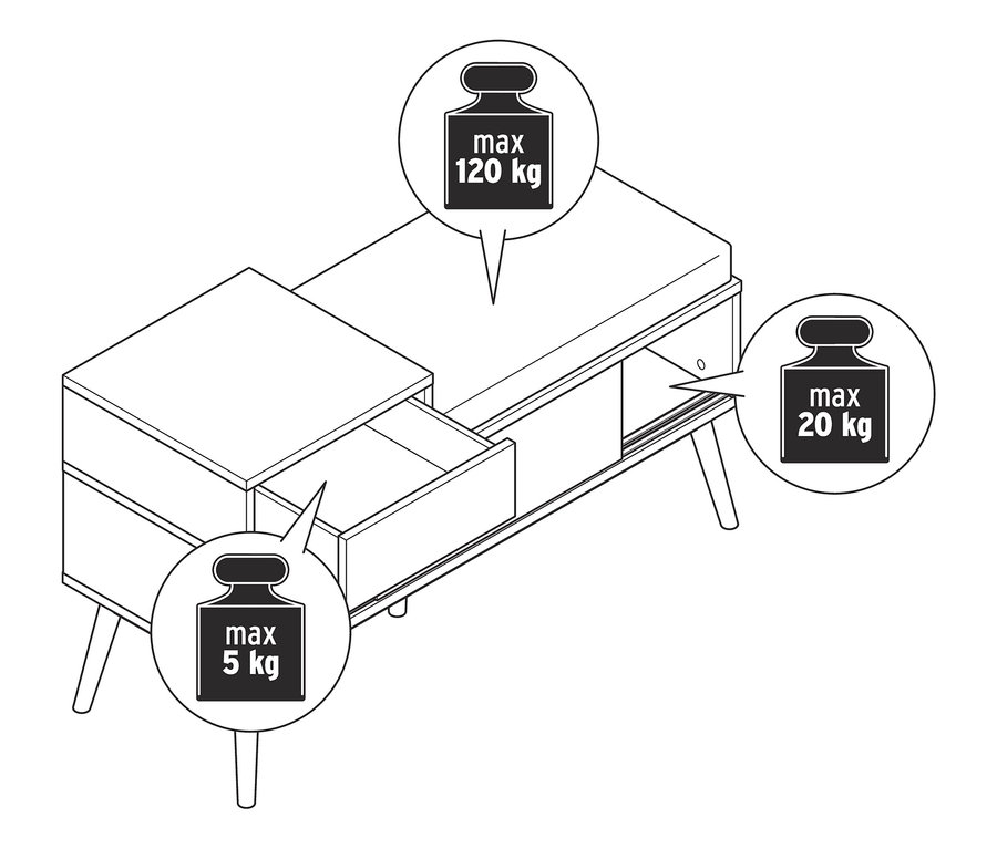 Szkic ławki z szafką na buty, szuflady o maksymalnym obciążeniu 5 kg, półki o obciążeniu 20 kg i blatu o obciążeniu 120 kg.