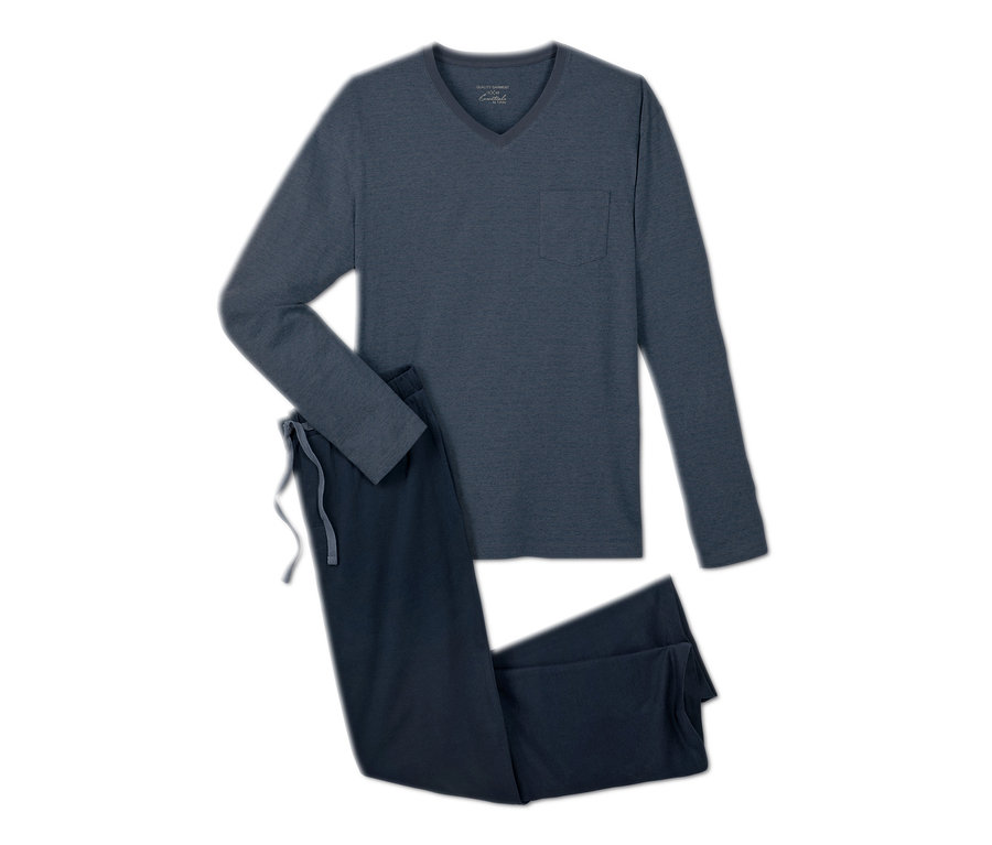 Niebieska piżama z długim rękawem i spodniami.