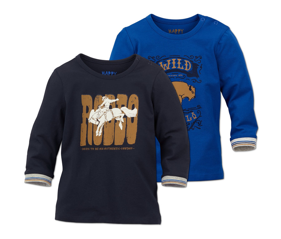 Dwie koszulki z długimi rękawami: granatowa z jeźdźcem na koniu i niebieska z żubrem.