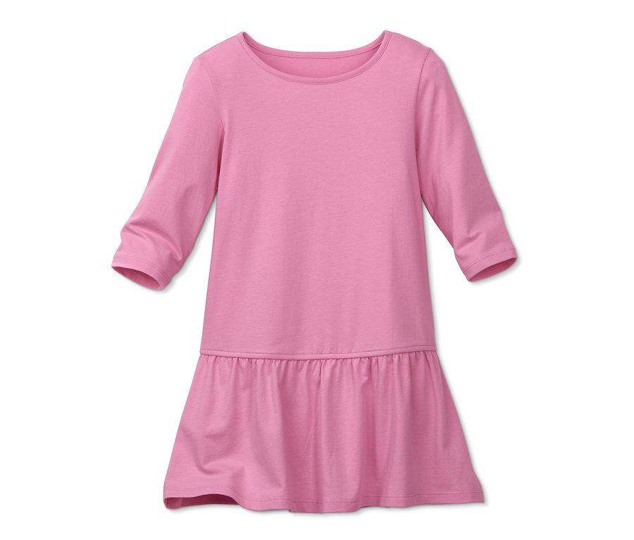 Różowa sukienka dżersejowa z długimi rękawami i falbaną spódnicą.