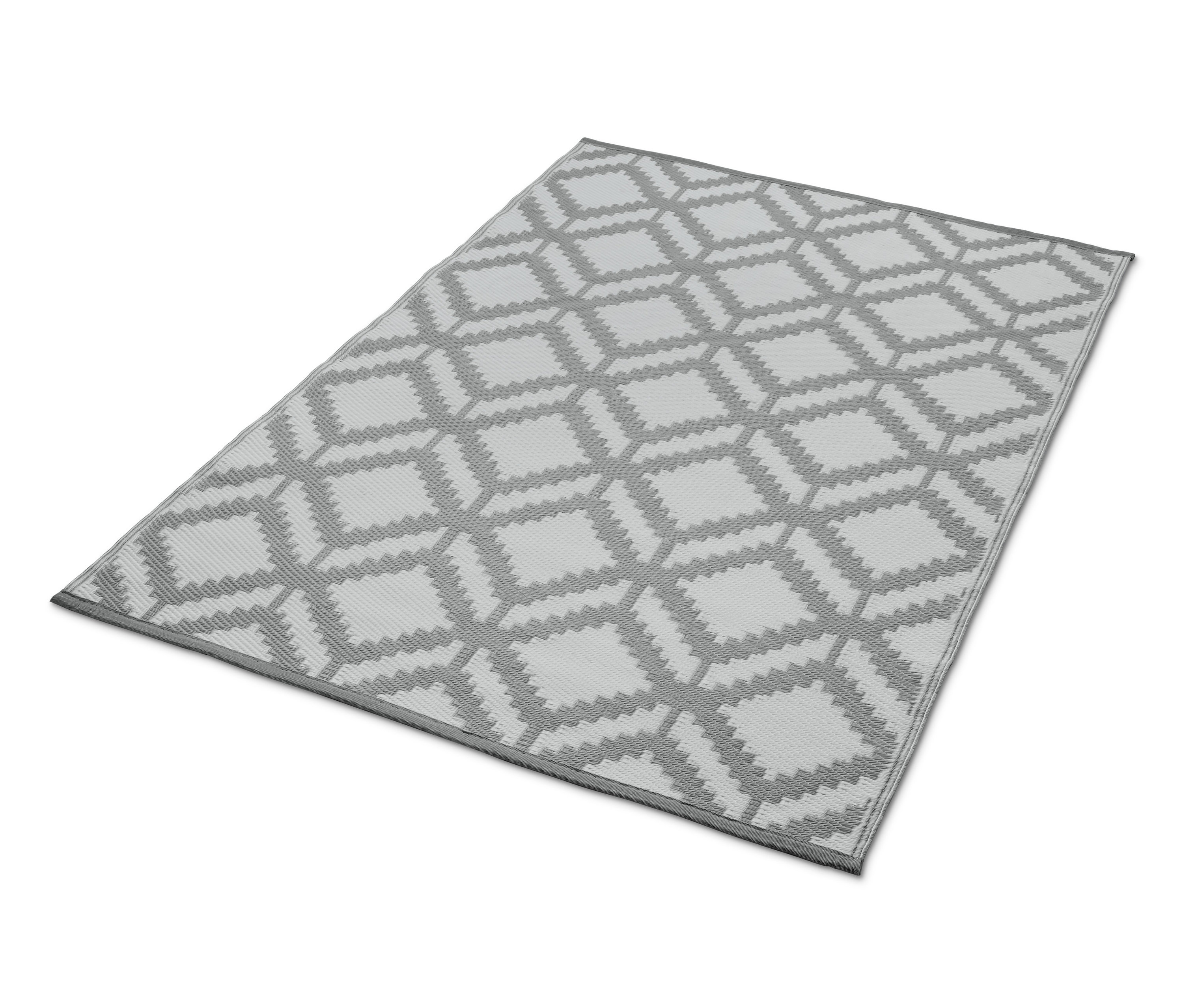 Szary dywan do użytku na zewnątrz z geometrycznym wzorem.