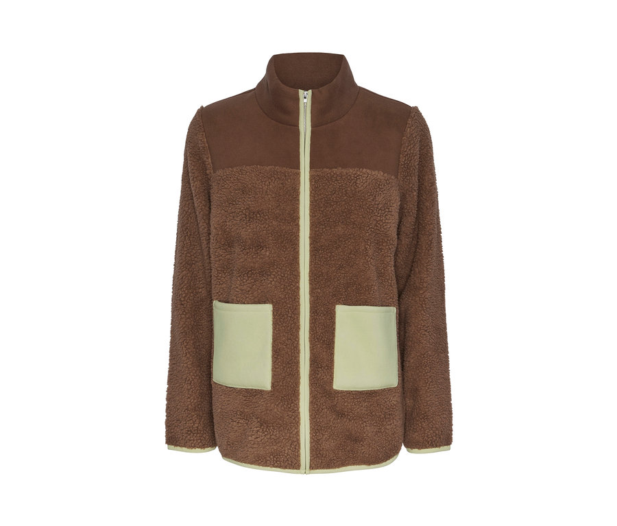 Brązowo-zielona pluszowa bluza z zamkiem błyskawicznym i dwiema kieszeniami.