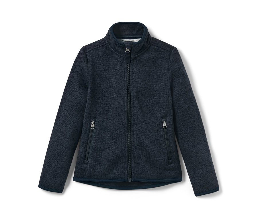 Granatowa dziecięca bluza z dzianiny polarowej, zapinana na zamek błyskawiczny pośrodku.