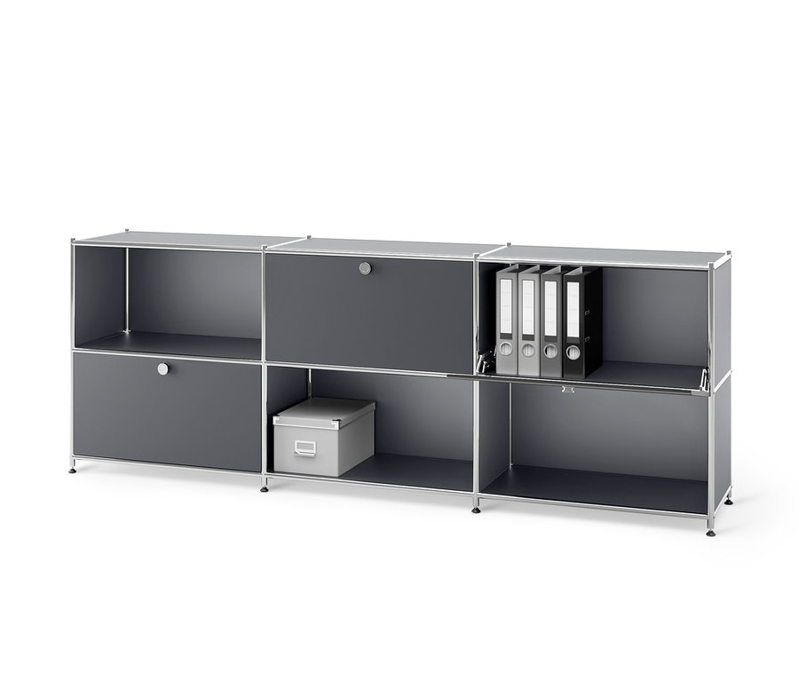 Szara metalowa szafka typu sideboard »CN3« z 3 przesuwnymi przegródkami z klapami.