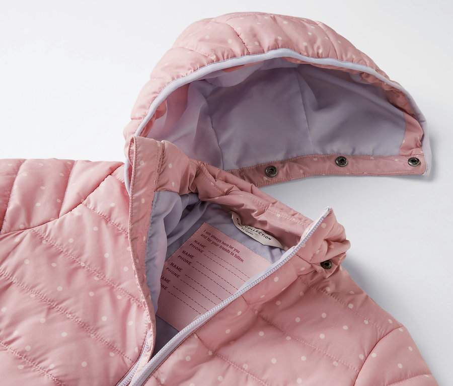 Różowa kurtka pikowana w białe kropki.