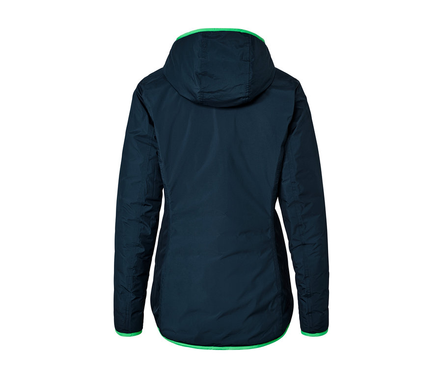 Widok z tyłu na nieprzemakalną, dwustronną kurtkę pikowaną, zielona z kapturem.