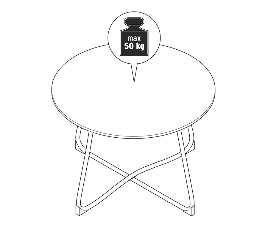 Czarno-biała ilustracja okrągłego stołu ogrodowego »Jara« z Duraboard o maksymalnym obciążeniu 50 kg.