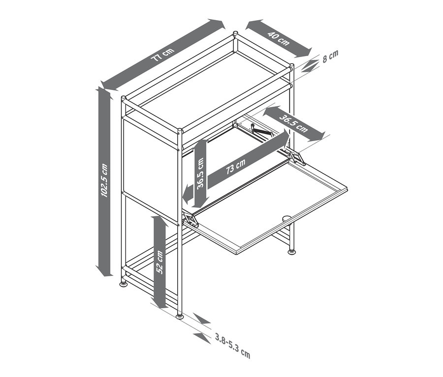 Szkic zielonej szafki »CN3« z klapą i podanymi wymiarami.