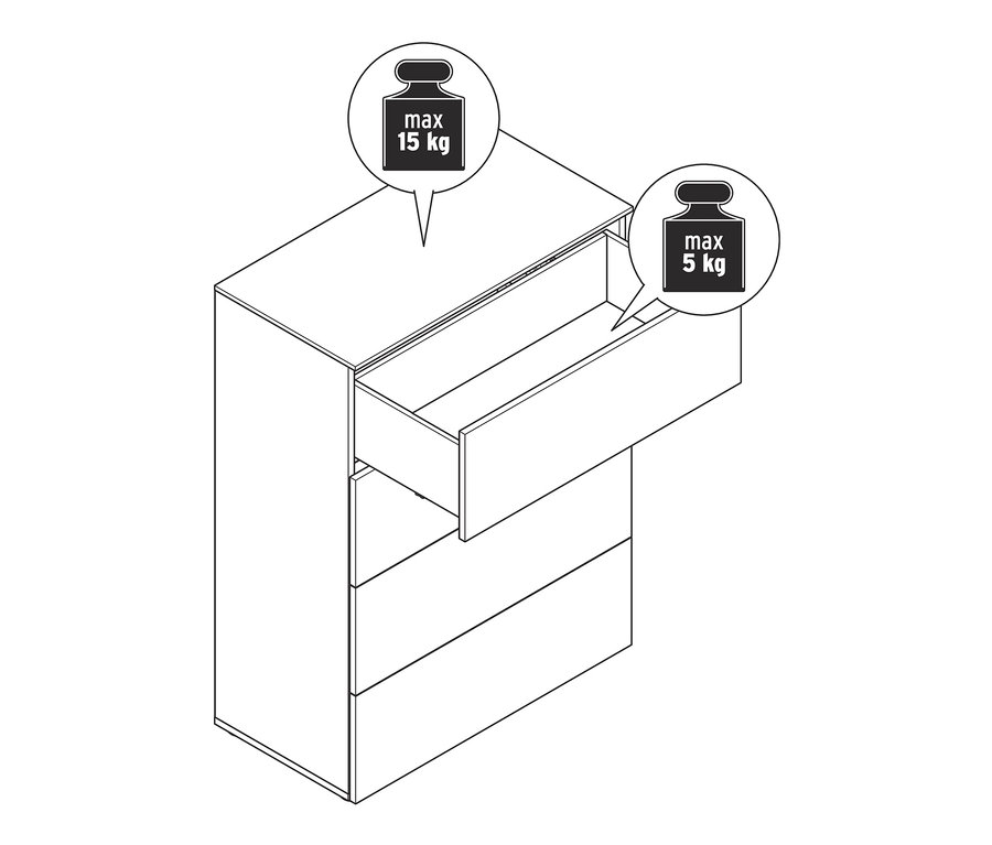 Szkic komody z szufladami, jedna szuflada jest otwarta.