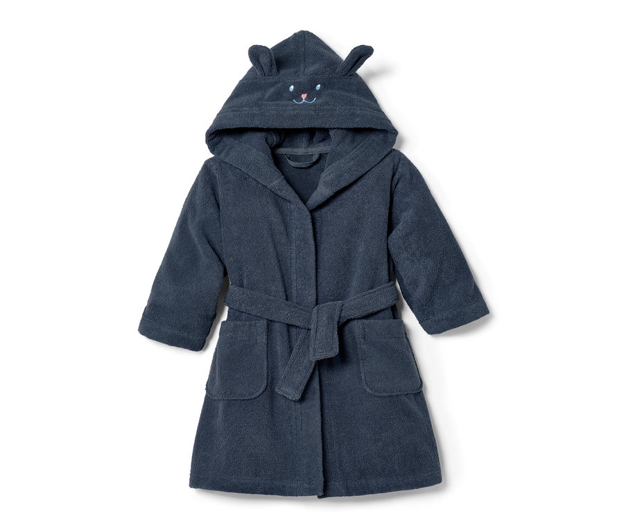 Niebieski szlafrok dziecięcy z kapturem i uszami.