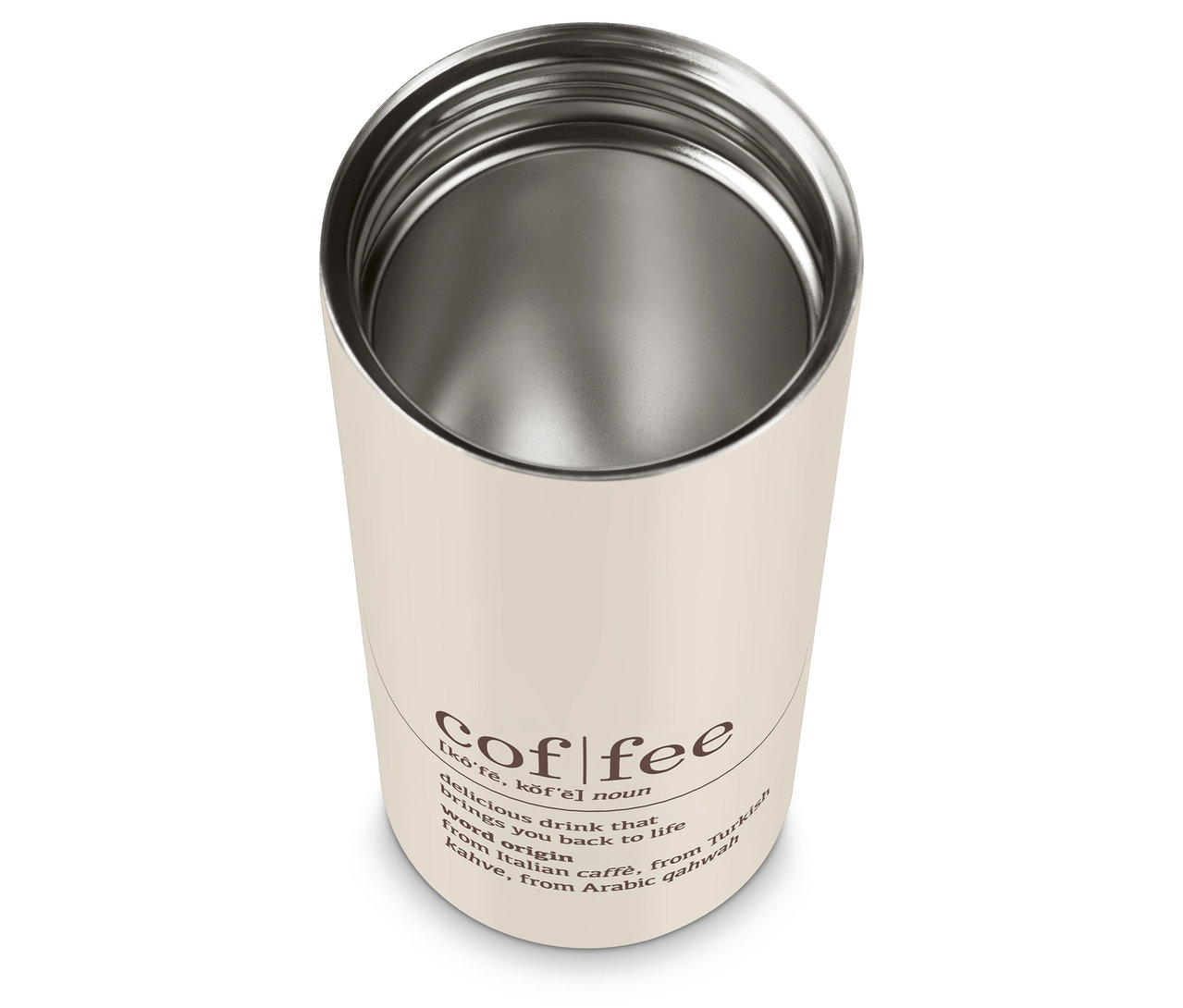 Beżowy kubek termiczny na kawę Coffee Dictionary z wnętrzem ze stali nierdzewnej.