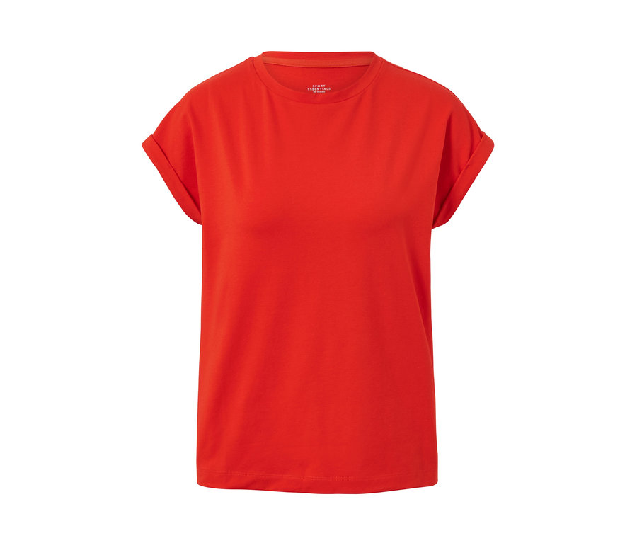 Czerwona koszulka funkcyjna z krótkim rękawem.