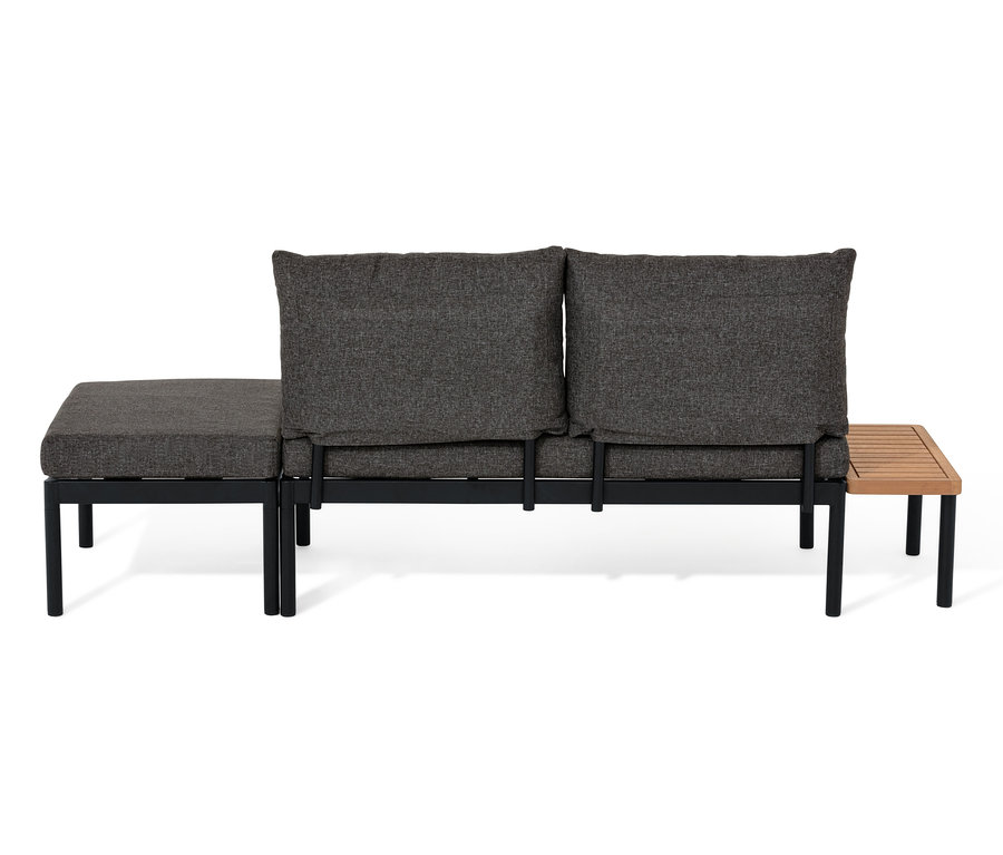 Zestaw wypoczynkowy na balkon „Elin” z szarymi poduszkami i czarną ramą.