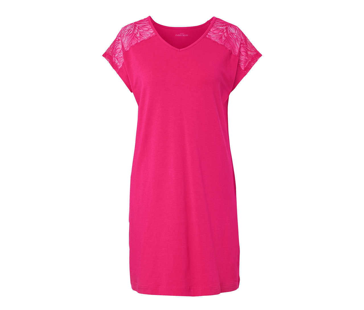 Różowa koszula nocna z koronkowymi rękawami.