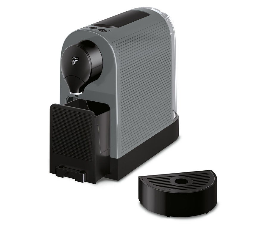 Szary ekspres do kawy Cafissimo pure+ ze zdejmowaną tacką ociekową.