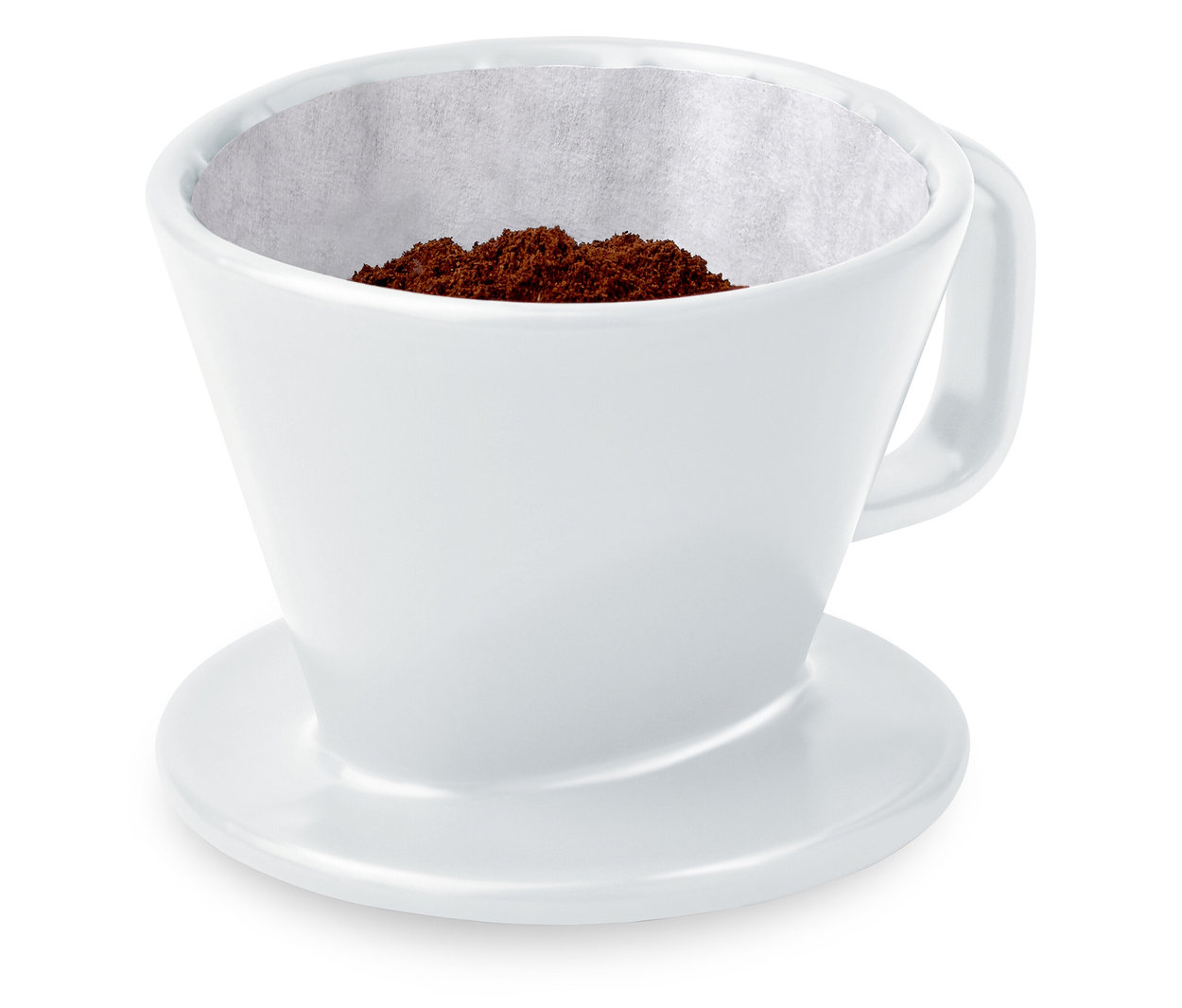 Biały ręczny filtr do kawy, rozm. 101, z filtrem papierowym i zmieloną kawą w środku.