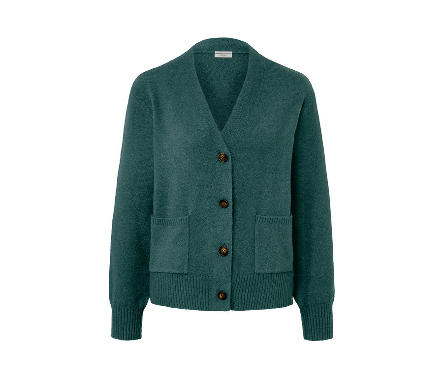 Ciemnozielony rozpinany sweter z zawartością wełny, z guzikami i kieszeniami.